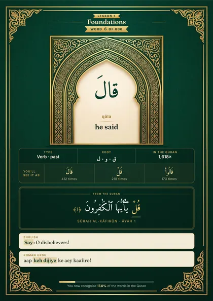 Word page for qāla (he said) with its forms and a verse
